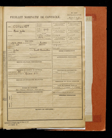 Coilliot, Henri Jules, né le 17 septembre 1892 à Amiens (Somme), classe 1912, matricule n° 747, Bureau de recrutement d'Amiens