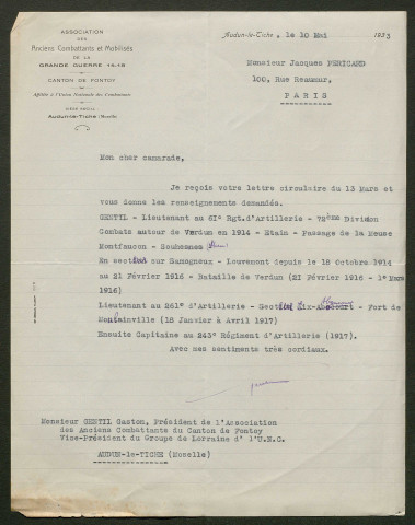 Témoignage de Gentil, Gaston (Lieutenant) et correspondance avec Jacques Péricard