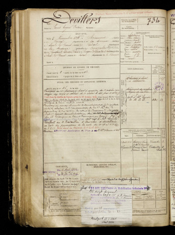Devillers, Louis Eugène Désiré, né le 05 novembre 1891 à Liéramont (Somme), classe 1911, matricule n° 734, Bureau de recrutement de Péronne