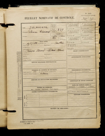 Delaporte, Salomon Edouard, né le 10 mai 1891 à Authie (Somme), classe 1911, matricule n° 229, Bureau de recrutement d'Abbeville