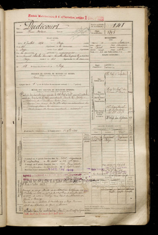 Dudicourt, Henri Octave, né le 08 juillet 1875 à Roye (Somme), classe 1895, matricule n° 141, Bureau de recrutement de Péronne