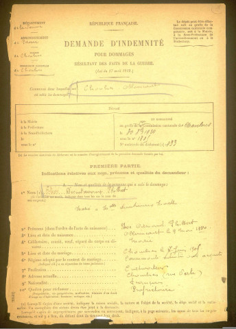 Chaulnes. Demande d'indemnisation des dommages de guerre : dossier Etévé-Dautrevaux