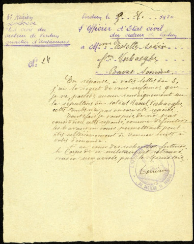Lettre de l'Officier d'Etat civil du secteur de Verdun adressée à Mme Estelle Sévin-Verhaeghe concernant la recherche de la sépulture de son fils Raoul Verhaeghe