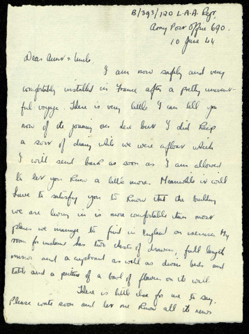 B/393/120 L.A.A. Regt (Light Anti-Aircraft Artillery Regiment), Army Post Office 690, 10 June 1944 : lettre de Raymond Goldwater à son oncle