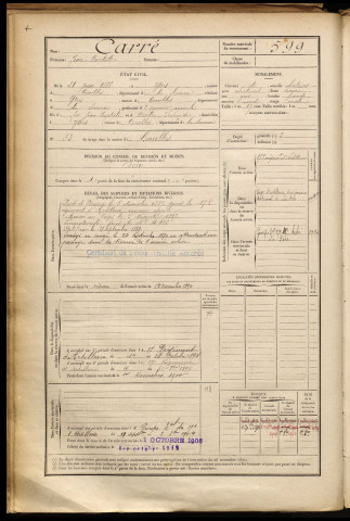 Carré, Jean Baptiste, né le 21 juin 1866 à Ytres (Somme), classe 1886, matricule n° 599, Bureau de recrutement de Péronne