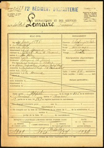Lemaire, Fernand, né le 20 février 1886 à Amiens (Somme), classe 1906, matricule n° 869, Bureau de recrutement d'Amiens