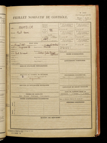 Barbier, Paul Henri, né le 16 avril 1897 à Quesnoy-le-Montant (Somme), classe 1917, matricule n° 78, Bureau de recrutement d'Abbeville