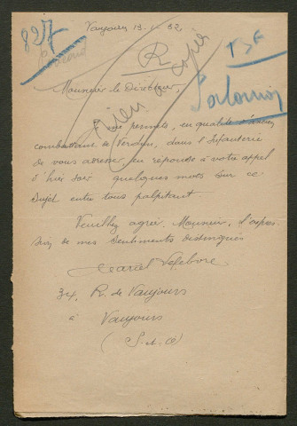 Témoignage de Lefèbvre, Marcel (Lieutenant) et correspondance avec Jacques Péricard