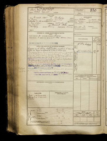 Hurier, Gabriel Edouard, né le 30 août 1895 à Cartigny (Somme), classe 1915, matricule n° 930, Bureau de recrutement de Péronne