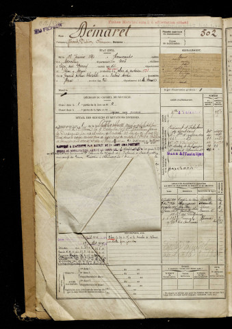 Démaret, Gérard Didier Clément, né le 18 janvier 1890 à Honnecourt-sur-Escaut (Nord), classe 1910, matricule n° 502, Bureau de recrutement de Péronne