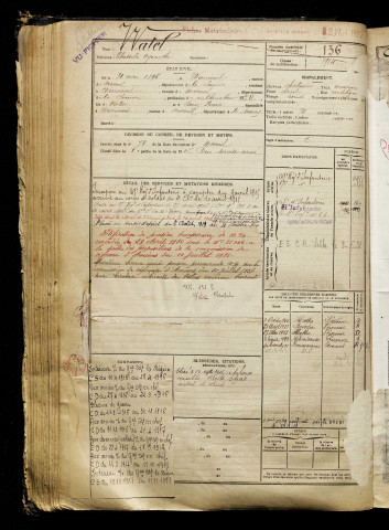 Watel, Théodule Hyacinthe, né le 31 mai 1896 à Wiencourt-l'Équipée (Somme), classe 1916, matricule n° 136, Bureau de recrutement de Péronne