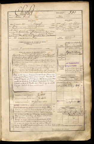 Charlet, Stephane Alexandre, né le 06 janvier 1873 à Saucourt-sur-Rognon (Somme), classe 1893, matricule n° 591, Bureau de recrutement de Péronne