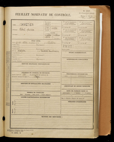 Chrétien, Robert Maurice, né le 02 octobre 1893 à Balâtre (Somme), classe 1913, matricule n° 1150, Bureau de recrutement de Péronne