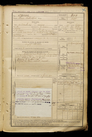 Opron, Maurice Charles Alfred, né le 31 décembre 1877 à Amiens (Somme), classe 1897, matricule n° 805, Bureau de recrutement d'Amiens