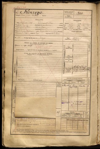 Rouge, Unus Julien Théotime, né le 16 février 1869 à Liancourt-Fosse (Somme), classe 1889, matricule n° 394, Bureau de recrutement de Péronne