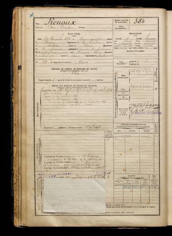 Renoux, Odon Charles, né le 20 novembre 1874 à Fouencamps (Somme), classe 1894, matricule n° 584, Bureau de recrutement d'Amiens
