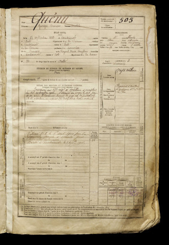 Quénu, Georges François Anatole, né le 21 septembre 1883 à Vaudricourt (Somme), classe 1903, matricule n° 505, Bureau de recrutement d'Abbeville