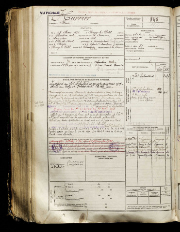 Hurrier, René, né le 27 mars 1896 à Rouy-le-Petit (Somme), classe 1916, matricule n° 848, Bureau de recrutement de Péronne