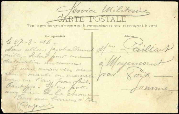 Carte postale intitulée "Pont-de-Metz. Route de Rouen". Correspondance de Raymond Paillart à sa femme Clémence