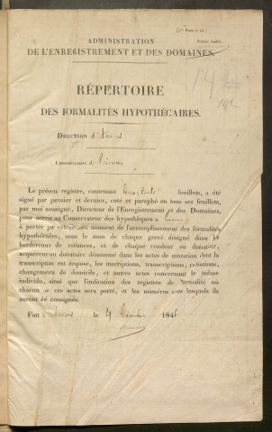 Répertoire des formalités hypothécaires, du 12/02/1848 au 07/10/1848, registre n° 142 (Péronne)