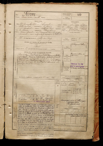 Féron, Edmond Désiré Camille, né le 22 novembre 1872 à Chirmont (Somme), classe 1892, matricule n° 413, Bureau de recrutement de Péronne