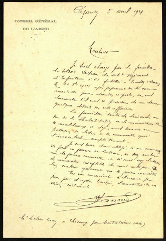 Correspondance échangée entre Henry Lamarre, Président du Conseil général de l'Aisne et maire de Cézancy, et Lucien Leclerc dans le but de constituer un dossier pour la réhabilitation du soldat Marcel Loiseau fusillé le 14 octobre 1914