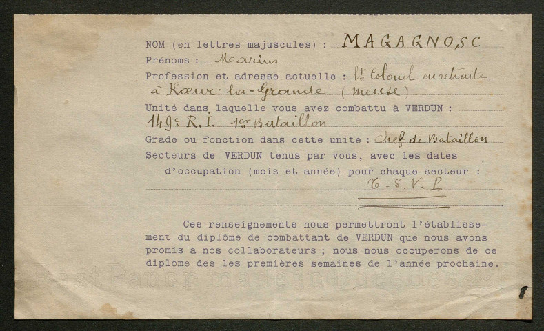 Témoignage de Magagnosc, Marius (Chef de bataillon) et correspondance avec Jacques Péricard