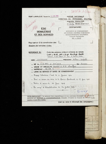 Lejeune, Arthur Léopold, né le 05 août 1891 à Amiens (Somme), classe 1911, matricule n° 194, Bureau de recrutement d'Amiens