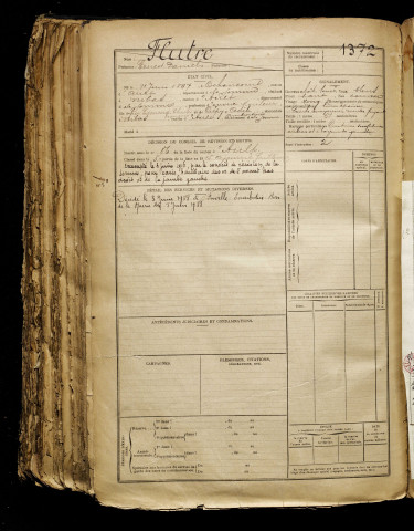 Flutre, Ernest Daniel, né le 11 juin 1897 à Ochancourt (Somme), classe 1917, matricule n° 1372, Bureau de recrutement d'Abbeville