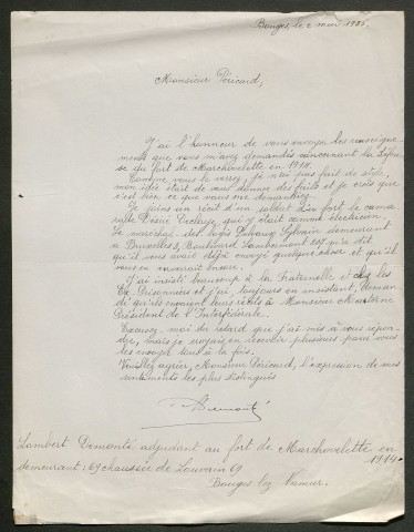 Témoignage de Démonté, Lambert (Adjudant) et correspondance avec Jacques Péricard