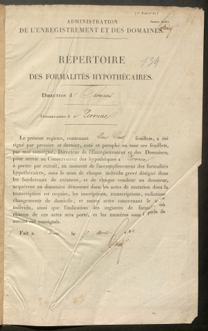 Répertoire des formalités hypothécaires, du 04/05/1844 au 27/11/1844, registre n° 134 (Péronne)