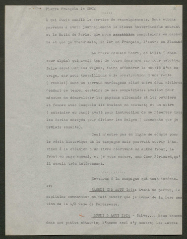 Témoignage de De Crom, Pierre François et correspondance avec Jacques Péricard