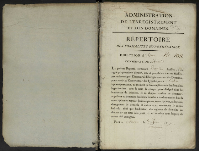 Répertoire des formalités hypothécaires, du 09/08/1817 au 07/11/1817, volume 132 (Conservation des hypothèques d'Amiens)