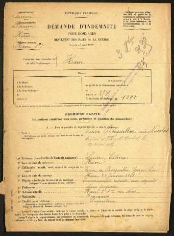Ham. Demande d'indemnisation des dommages de guerre : dossier Nicolas-Bocquillon