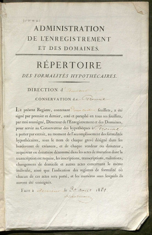 Répertoire des formalités hypothécaires, du 08/09/1821 au 14/09/1821, registre n° 091 (Péronne)