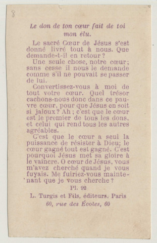 Le don de ton coeur fait de toi mon élu. Le Sacré Coeur de Jésus