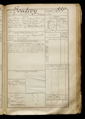 Boutroy, Alfred Alexis César, né le 14 février 1892 à Tours-en-Vimeu (Somme), classe 1912, matricule n° 889, Bureau de recrutement d'Abbeville