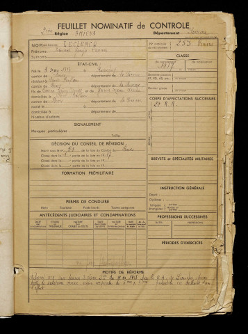 Leclercq, Edouard Georges Casimir, né le 03 mars 1897 à Rumigny (Somme), classe 1917, matricule n° 253, Bureau de recrutement d'Amiens