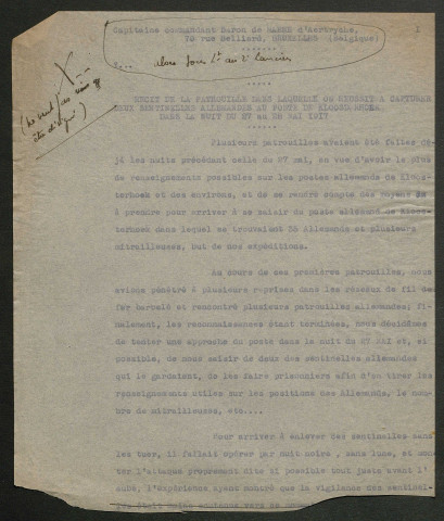 Témoignage de De Maere d'Arertryche (Baron) (Capitaine - ex sous-lieutenant)) et correspondance avec Jacques Péricard