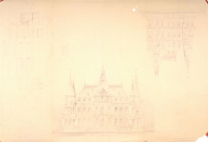 Château de Mme Veuve-Saint : dessin de la façade principale et de la façade latérale, plan du rez de chaussée dressé par l'architecte Delefortrie