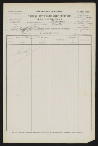 Tableau de rectification complémentaire de la liste électorale : Mirvaux
