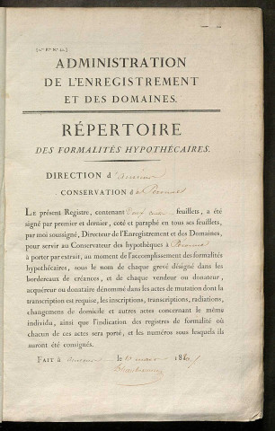 Répertoire des formalités hypothécaires, du 10/04/1820 au 24/05/1820, registre n° 086 (Péronne)
