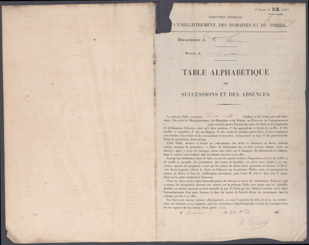 Table des successions et absences du bureau de Doullens
