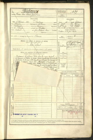 Bidaux, Pierre Sem Cham Japhet, né le 8 février 1861 à Cartigny (Somme, France), classe 1881, matricule n° 539, Bureau de recrutement Péronne