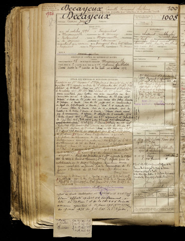 Decayeux, Lucien Joseph, né le 14 octobre 1894 à Feuquières-en-Vimeu (Somme), classe 1914, matricule n° 1008, Bureau de recrutement d'Abbeville