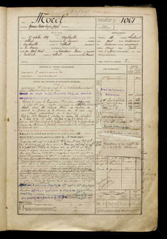Morel, Marceau Horisse Eugène Joseph, né le 17 octobre 1889 à Authuille (Somme), classe 1909, matricule n° 1061, Bureau de recrutement de Péronne