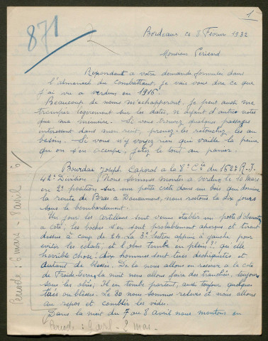 Témoignage de Bourdaa, Joseph (Caporal) et correspondance avec Jacques Péricard