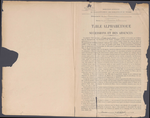 Table des successions et absences du bureau de Péronne