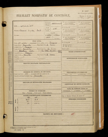 Leulliot, Fernand Eugène Emile, né le 28 octobre 1893 à Dargnies (Somme), classe 1913, matricule n° 586, Bureau de recrutement d'Abbeville