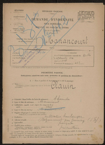Etricourt-Manancourt. Demande d'indemnisation des dommages de guerre : dossier Clauin-Delmare